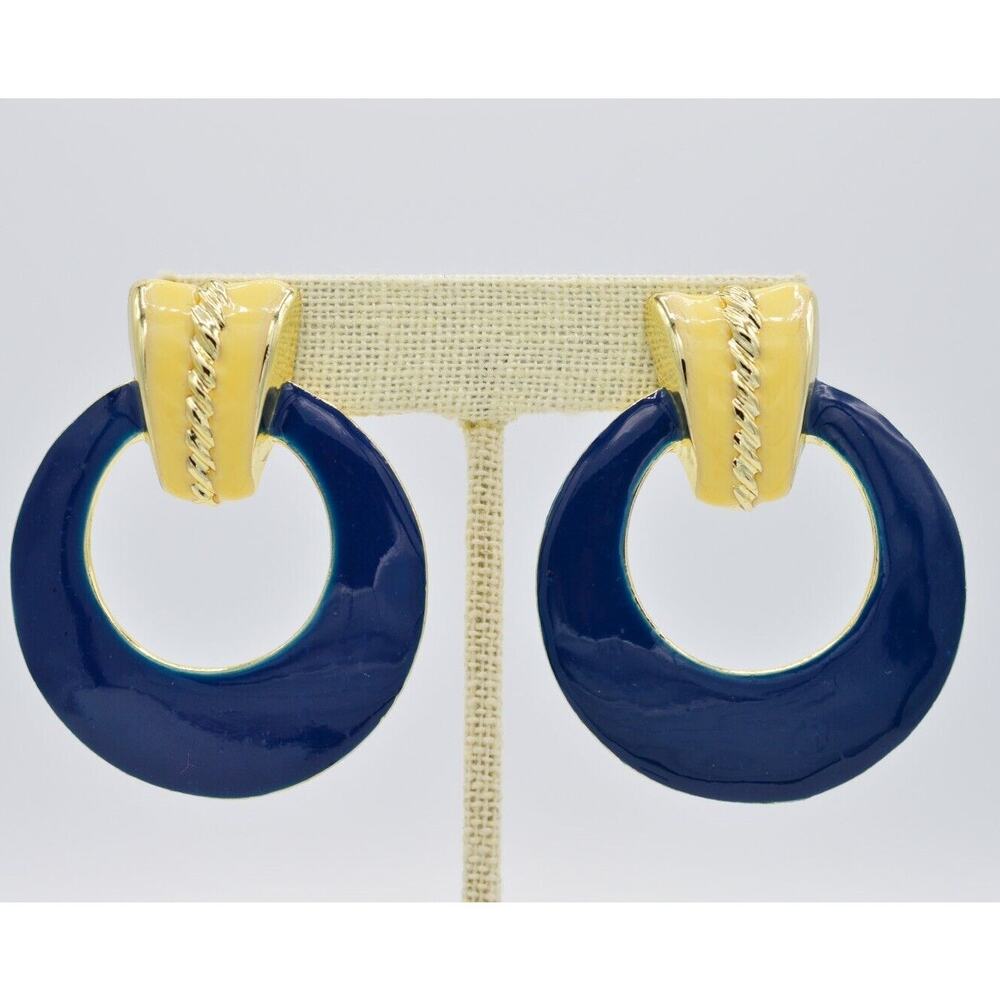 Vintage Dangle Earrings Blue Cream Enamel Door Knocker Chunky NOS 1980s BinAA